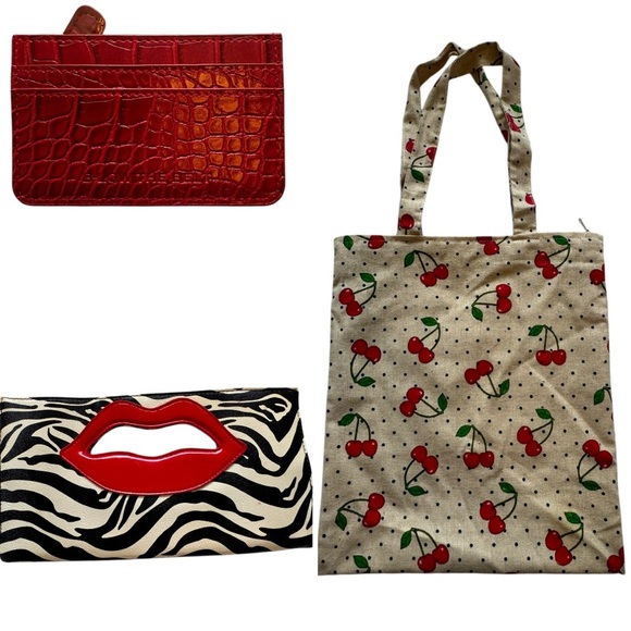 Unbranded Cherry Lips Tote handbag Faux Croc Card Holder 3 Piece Bundle - GUC - Picture 1 of 7